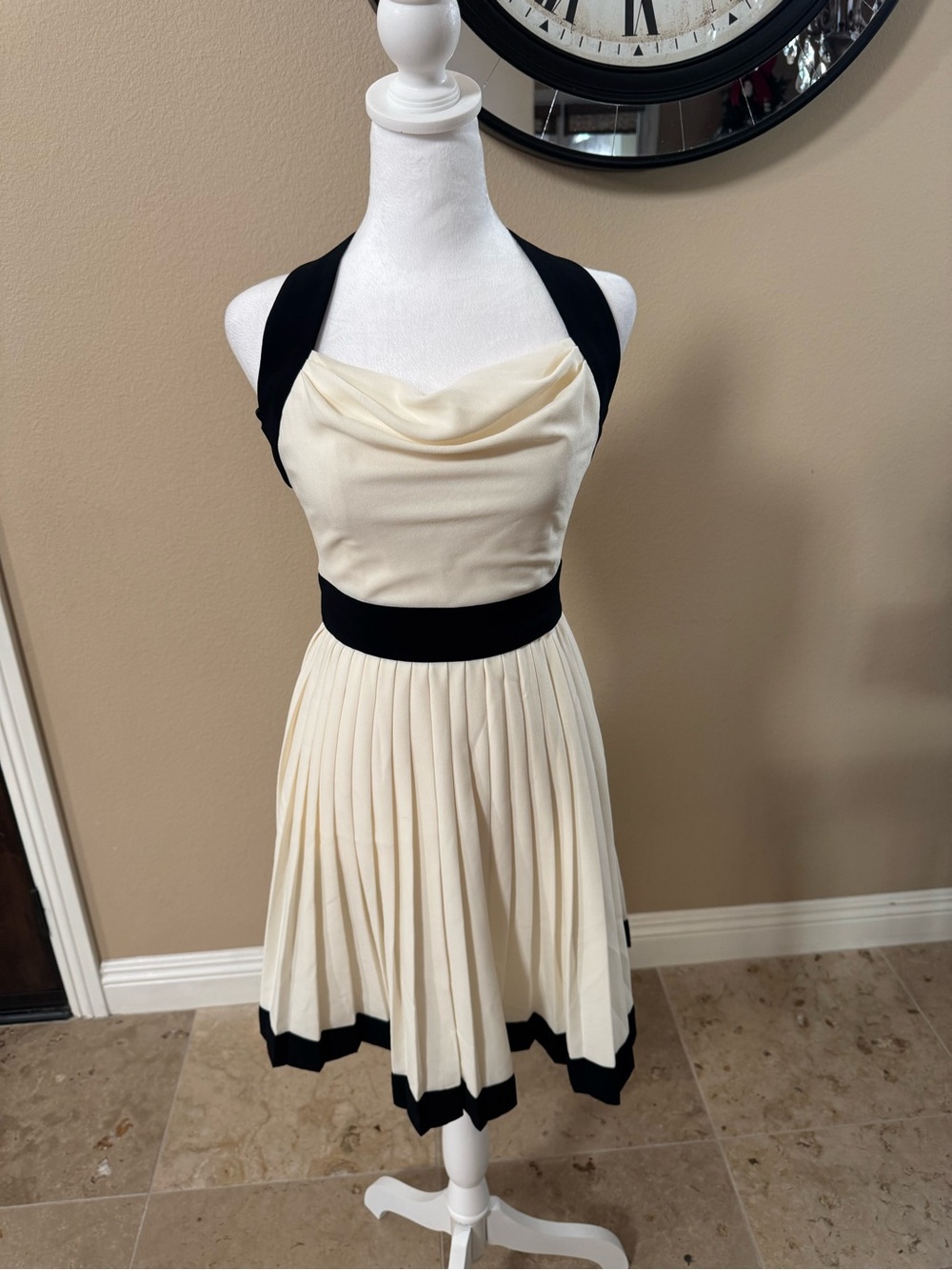 Cream and Black Halter Pleated Midi Dress